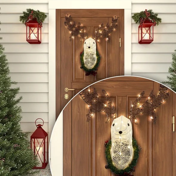 US Local Lighted Christmas Wall Decor Reindeer Head, 39 Pre-lit 3D Rudolph Hanging Wreath For Front Door Window Indoor Outdoor Xmas Decor Lighted Holiday Displays