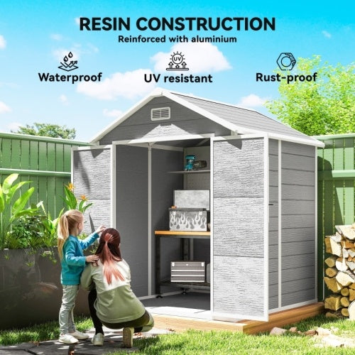 UK Local Outsunny 6 X 5ft Garden Shed, Plastic Shed With Floor, Window, Lockable Doors And Vents, Wood Effect Resin Tool Shed For Outdoor Patio, Dark Grey