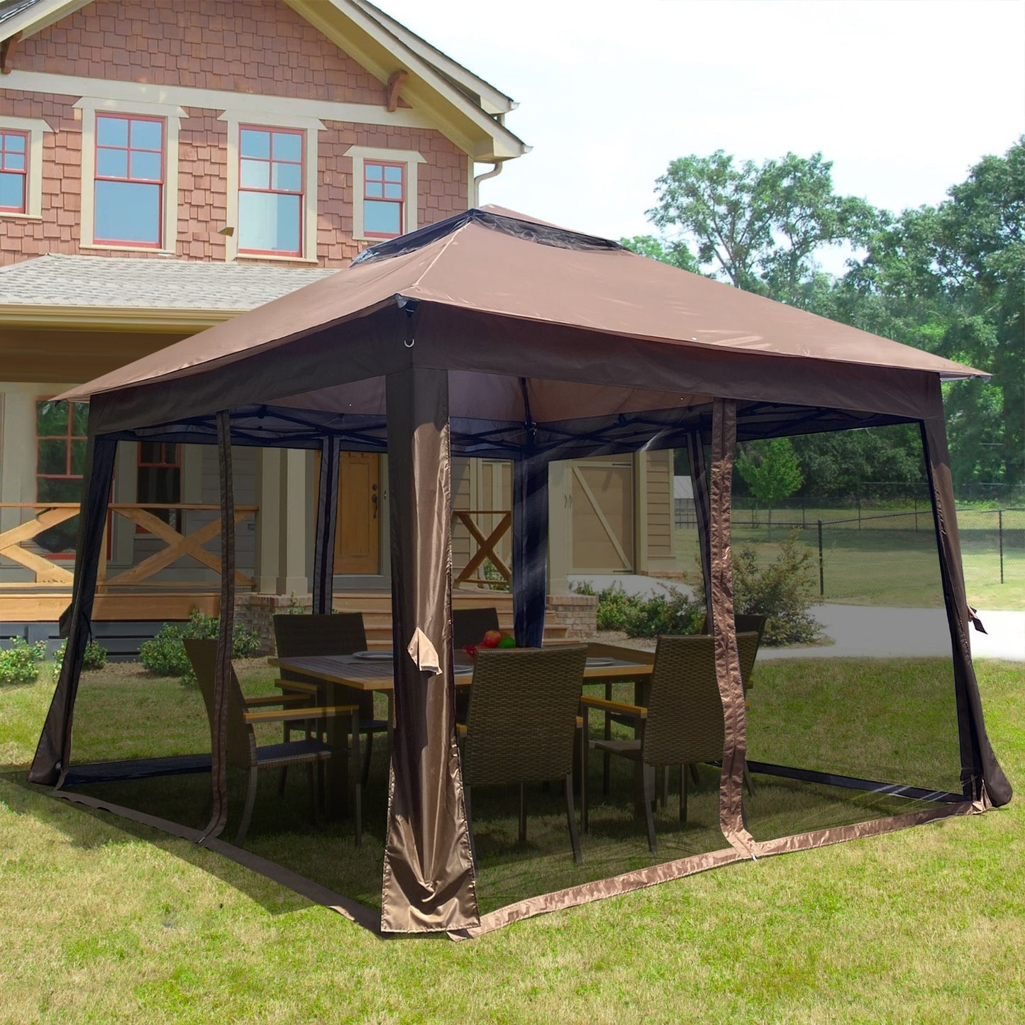 US Local Outdoor 11x11 Ft  Up Gazebo Canopy With Zipper Netting, 2-Tier Soft Top Tent