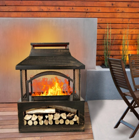 US Local 37 Inch Rectangular Metal Outdoor Wood Burning Fireplace - Outdoor Fireplace With Built-in Log Storage & Brush Stick For Log Burner Fire Pit In Patio Garden & Backyard
