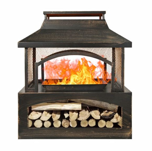 US Local 37 Inch Rectangular Metal Outdoor Wood Burning Fireplace - Outdoor Fireplace With Built-in Log Storage & Brush Stick For Log Burner Fire Pit In Patio Garden & Backyard