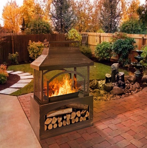 US Local 37 Inch Rectangular Metal Outdoor Wood Burning Fireplace - Outdoor Fireplace With Built-in Log Storage & Brush Stick For Log Burner Fire Pit In Patio Garden & Backyard