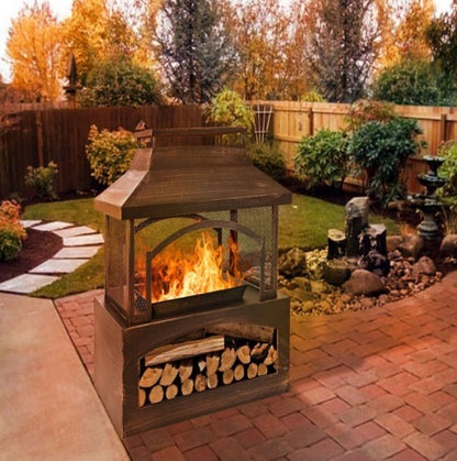 US Local 37 Inch Rectangular Metal Outdoor Wood Burning Fireplace - Outdoor Fireplace With Built-in Log Storage & Brush Stick For Log Burner Fire Pit In Patio Garden & Backyard