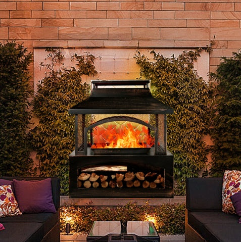 US Local 37 Inch Rectangular Metal Outdoor Wood Burning Fireplace - Outdoor Fireplace With Built-in Log Storage & Brush Stick For Log Burner Fire Pit In Patio Garden & Backyard