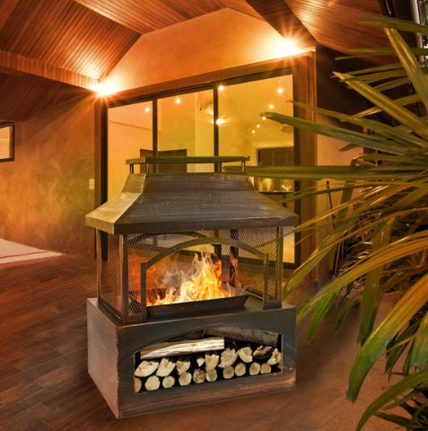 US Local 37 Inch Rectangular Metal Outdoor Wood Burning Fireplace - Outdoor Fireplace With Built-in Log Storage & Brush Stick For Log Burner Fire Pit In Patio Garden & Backyard