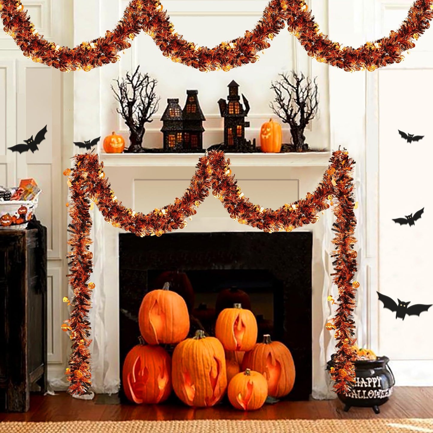 US Local 3 Pcs Halloween Decorations, Orange Metallic Tinsel Twist, 19.7 Feet