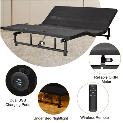 US Local Adjustable Bed Base Frame Head And Foot Incline Quiet Motor King Size Zero Gravity, 4 Ports USB, Under-Bed Nightlight