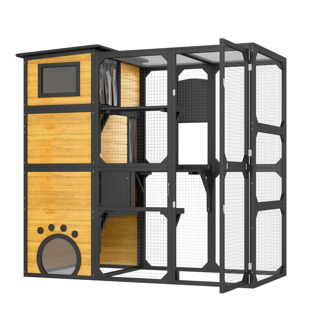 US Local GO Large Cat Catio 4 Tiers Cat Enclosure For Outdoor, Cat House Weatherproof Attached To Window For Multiple Cats With Platforms And Resting Rooms, Brown