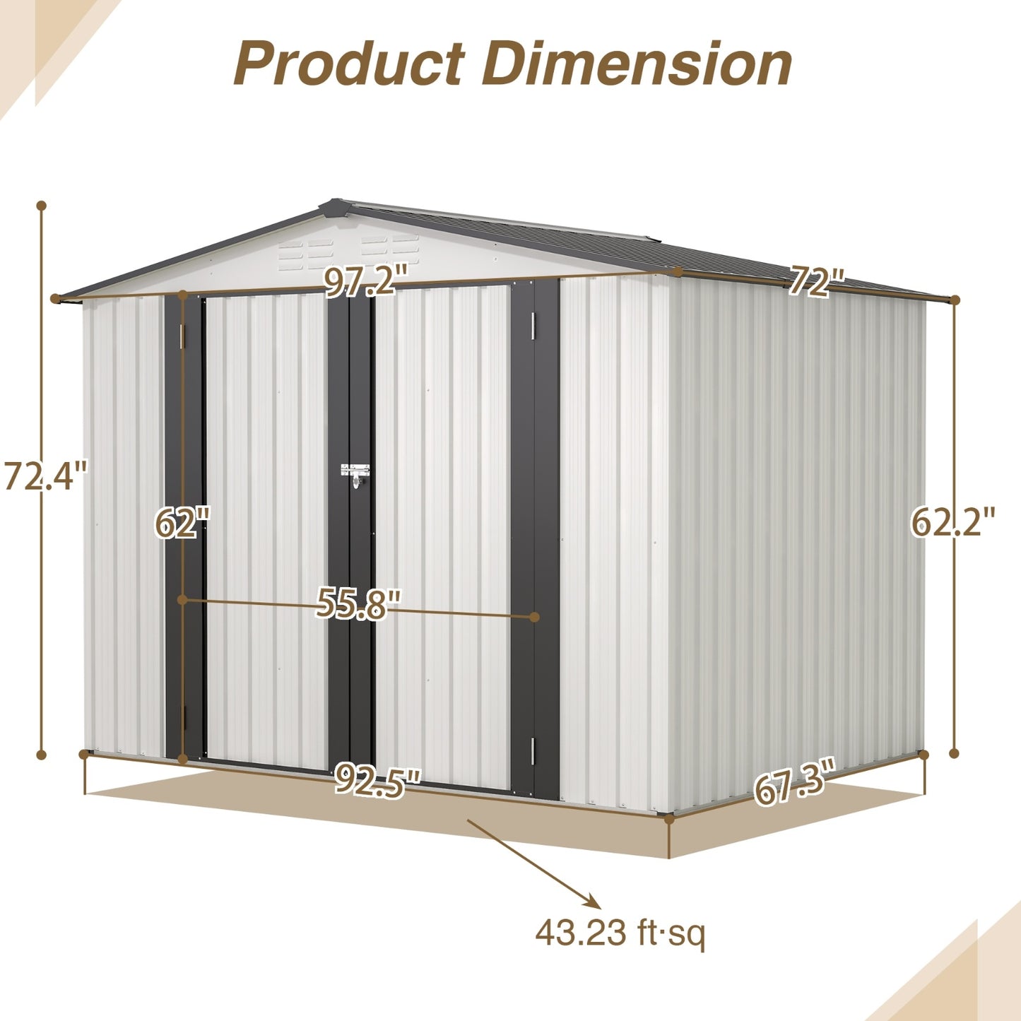US Local 8 X 6 Ft Outdoor Storage Shed, All Weather Metal Sheds With 2 Lockable Doors, Tool Shed For Garden,