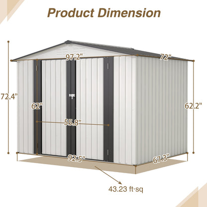 US Local 8 X 6 Ft Outdoor Storage Shed, All Weather Metal Sheds With 2 Lockable Doors, Tool Shed For Garden,