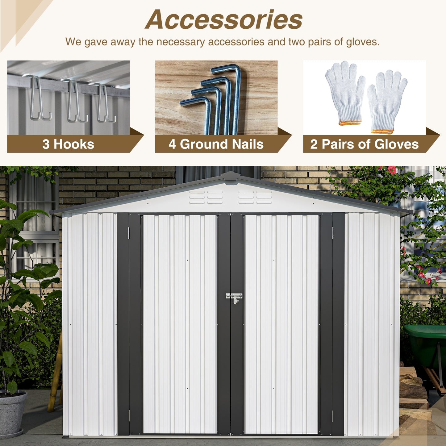US Local 8 X 6 Ft Outdoor Storage Shed, All Weather Metal Sheds With 2 Lockable Doors, Tool Shed For Garden,