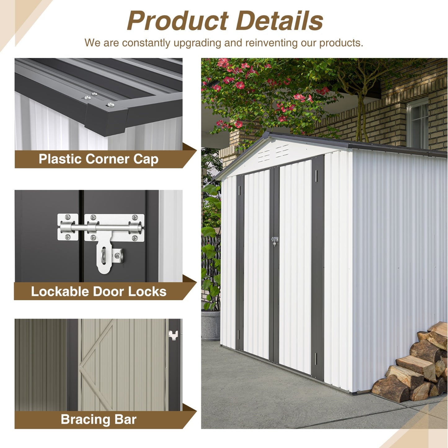 US Local 8 X 6 Ft Outdoor Storage Shed, All Weather Metal Sheds With 2 Lockable Doors, Tool Shed For Garden,