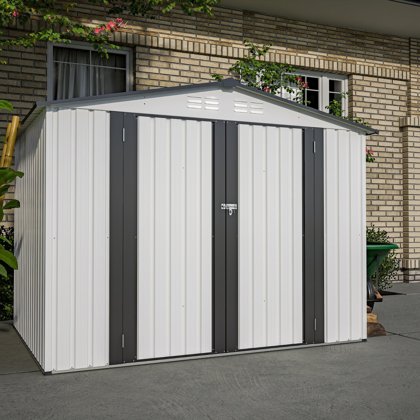 US Local 8 X 6 Ft Outdoor Storage Shed, All Weather Metal Sheds With 2 Lockable Doors, Tool Shed For Garden,
