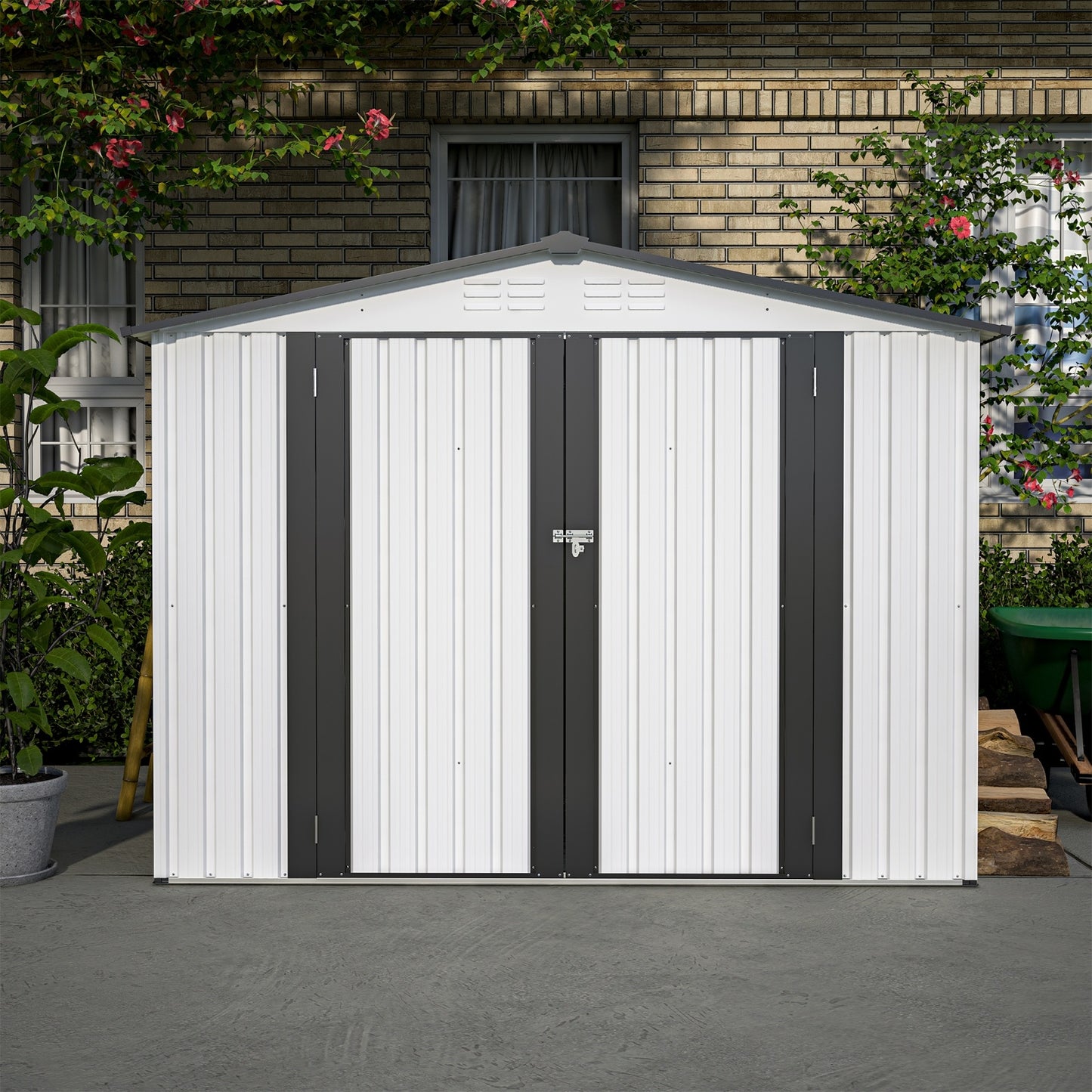 US Local 8 X 6 Ft Outdoor Storage Shed, All Weather Metal Sheds With 2 Lockable Doors, Tool Shed For Garden,