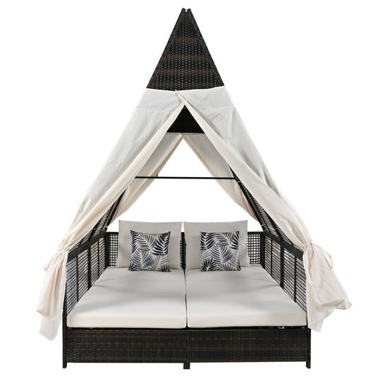 US Local Outdoor Daybed With Adjustable Backrest And Curtains, Double Sun Lounger