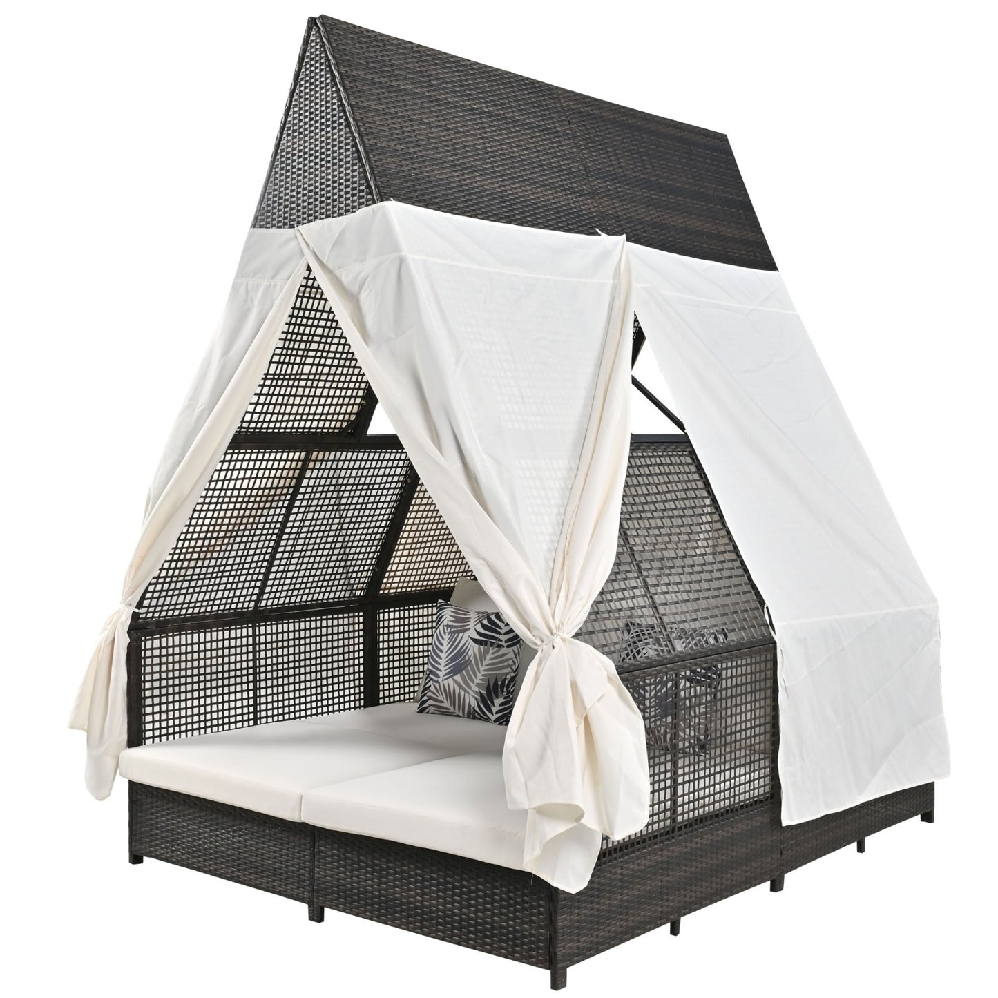 US Local Outdoor Daybed With Adjustable Backrest And Curtains, Double Sun Lounger