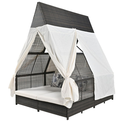 US Local Outdoor Daybed With Adjustable Backrest And Curtains, Double Sun Lounger