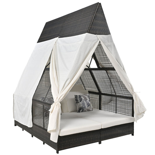 US Local Outdoor Daybed With Adjustable Backrest And Curtains, Double Sun Lounger