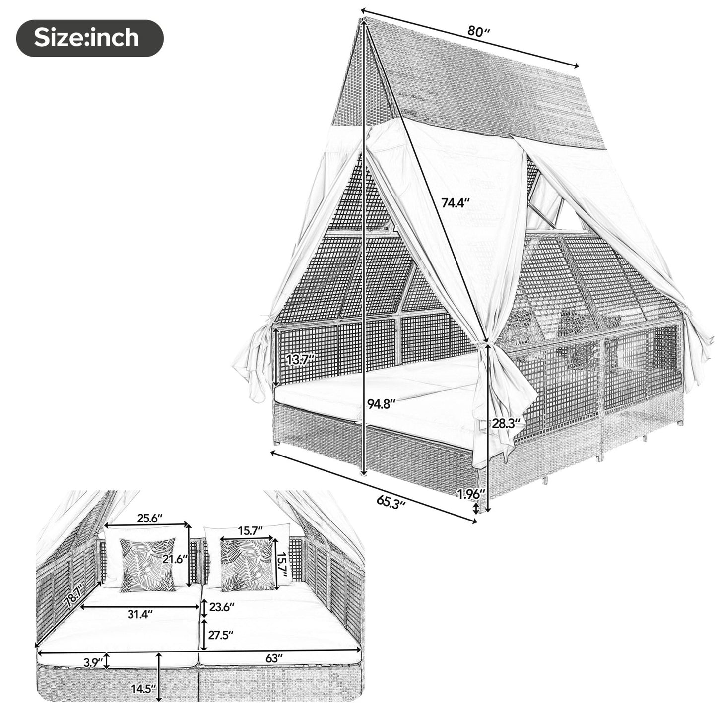 US Local Outdoor Daybed With Adjustable Backrest And Curtains, Double Sun Lounger