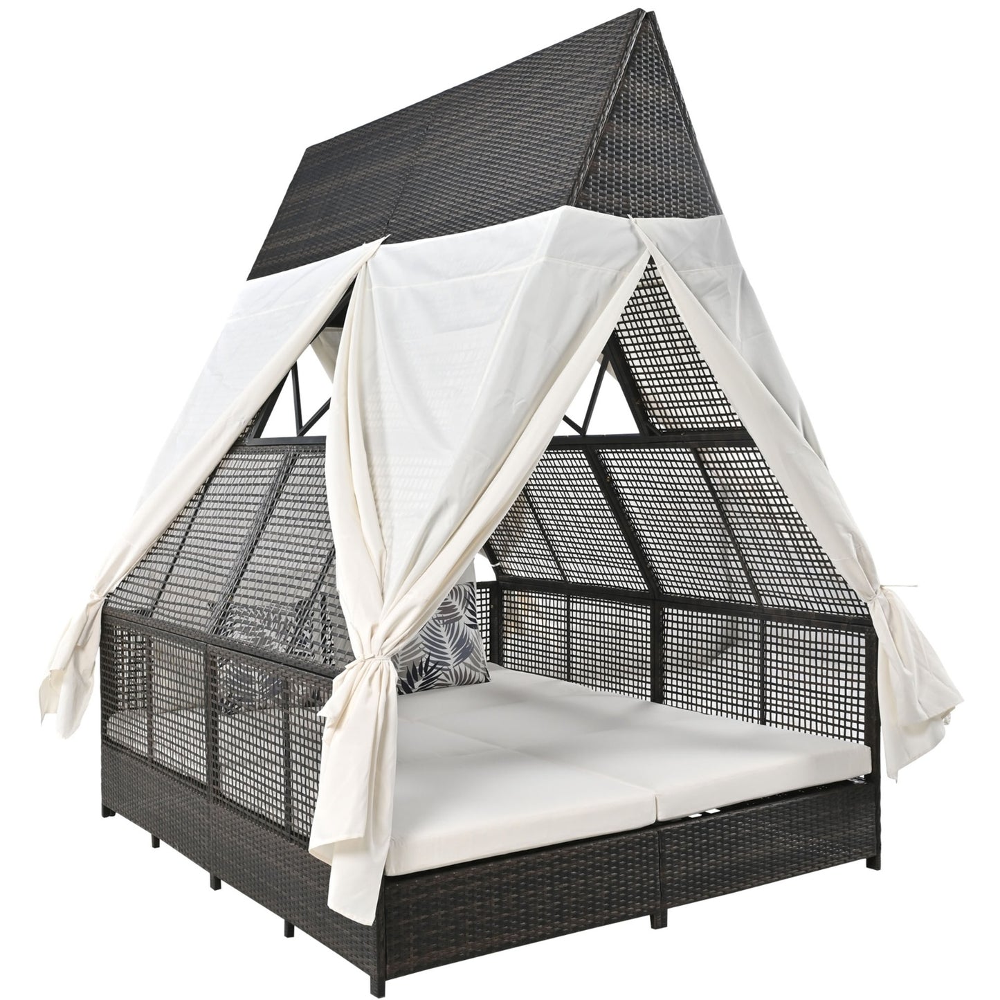 US Local Outdoor Daybed With Adjustable Backrest And Curtains, Double Sun Lounger