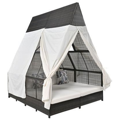 US Local Outdoor Daybed With Adjustable Backrest And Curtains, Double Sun Lounger