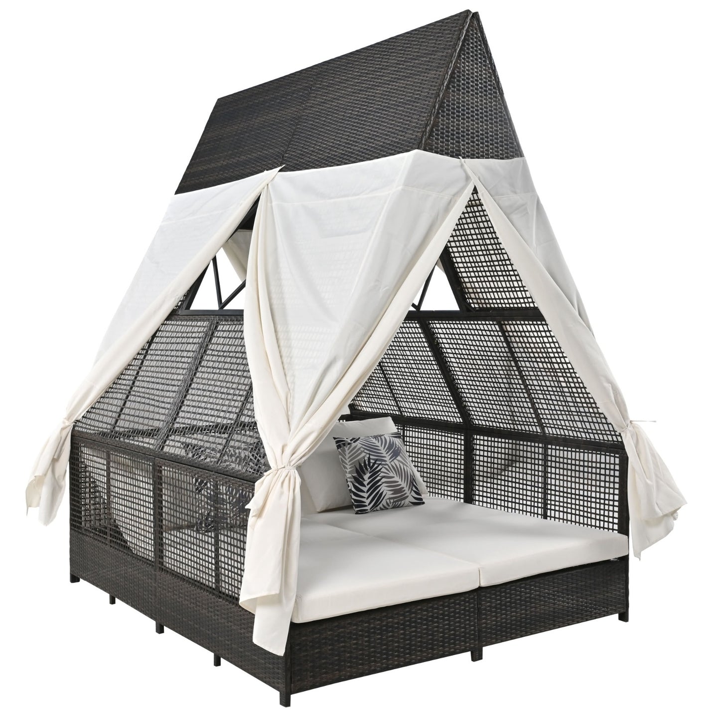 US Local Outdoor Daybed With Adjustable Backrest And Curtains, Double Sun Lounger