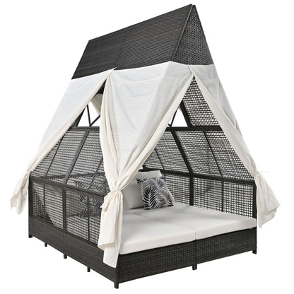 US Local Outdoor Daybed With Adjustable Backrest And Curtains, Double Sun Lounger