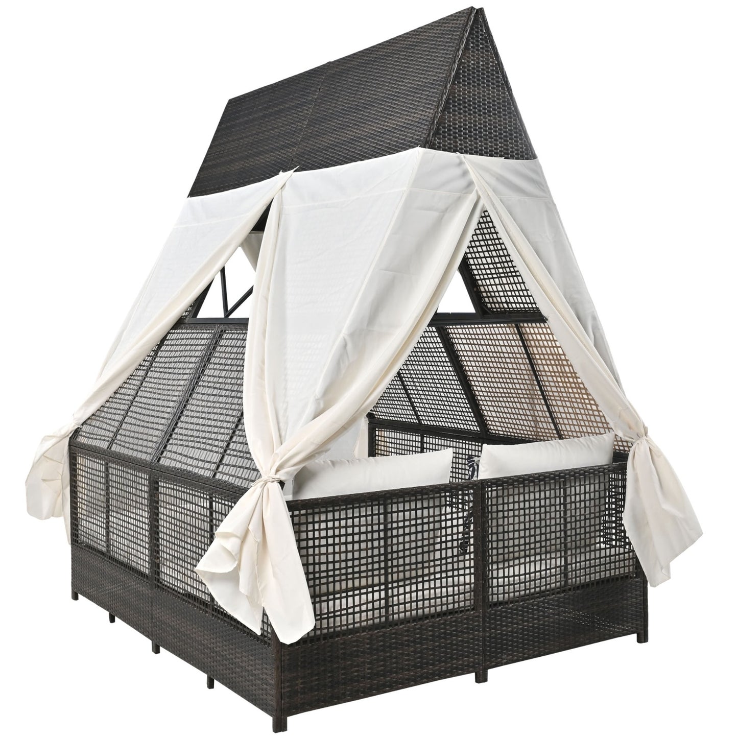 US Local Outdoor Daybed With Adjustable Backrest And Curtains, Double Sun Lounger