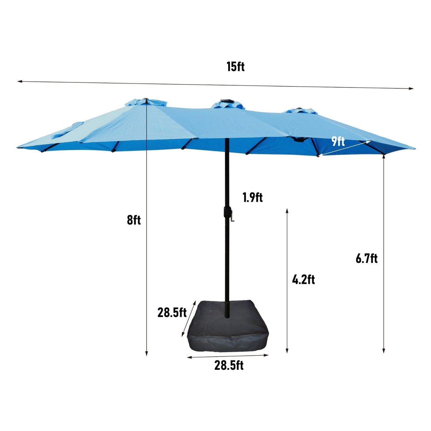 US Local 15x9ft Large Double-Sided Rectangular Outdoor Twin Patio Market Umbrella With Light And Base- Blue