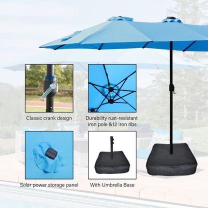 US Local 15x9ft Large Double-Sided Rectangular Outdoor Twin Patio Market Umbrella With Light And Base- Blue