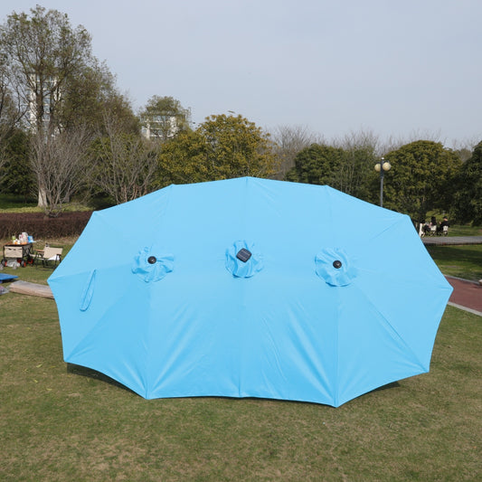 US Local 15x9ft Large Double-Sided Rectangular Outdoor Twin Patio Market Umbrella With Light And Base- Blue