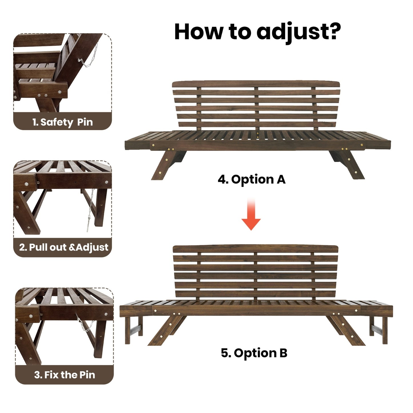 US Local TOPMAX Outdoor Adjustable Patio Wooden Daybed Sofa Chaise Lounge With Cushions For Small Places, Bro