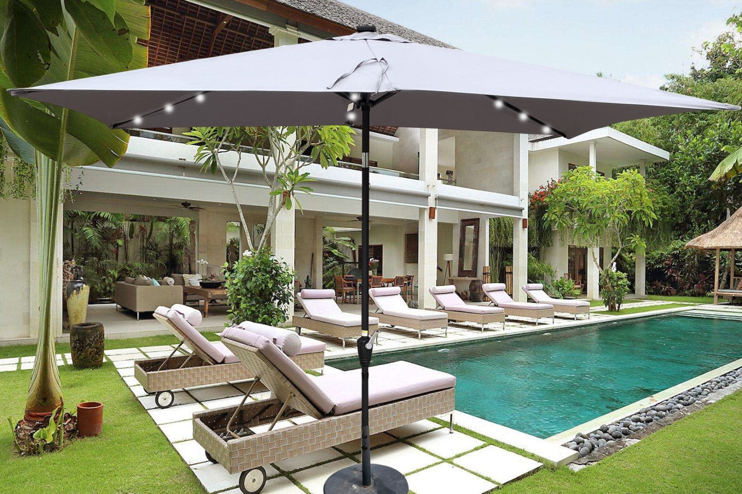 US Local 10x6.5ft Rectangular Solar LED Patio Umbrellas With Crank & Push Button Tilt