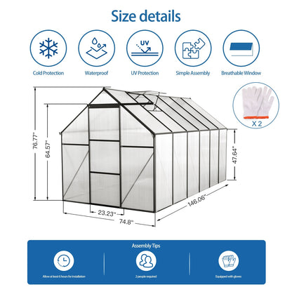 US Local 6x12 FT Polycarbonate Greenhouse W  Raised Base  Anchor, Heavy Duty Walk-in