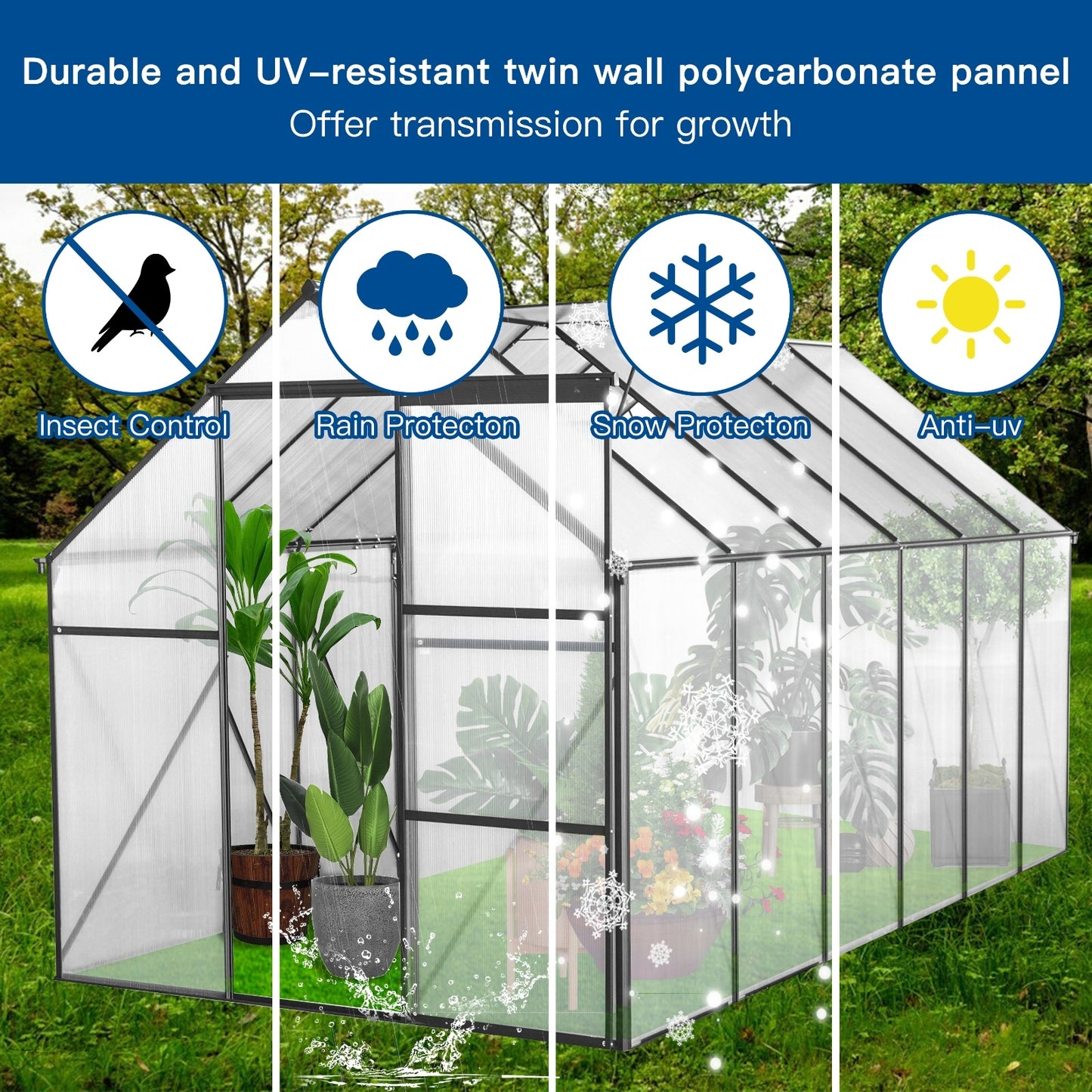 US Local 6x12 FT Polycarbonate Greenhouse W  Raised Base  Anchor, Heavy Duty Walk-in