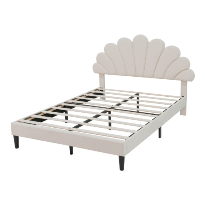 UK Local 4ft6 Double Upholstered Velvet Bed Frame, With Adjustable Chic Petal Headboard, Velvet Platform Bed Frame With Solid Wood Slat, No Box Spring Needed, Easy Assembly, Beige