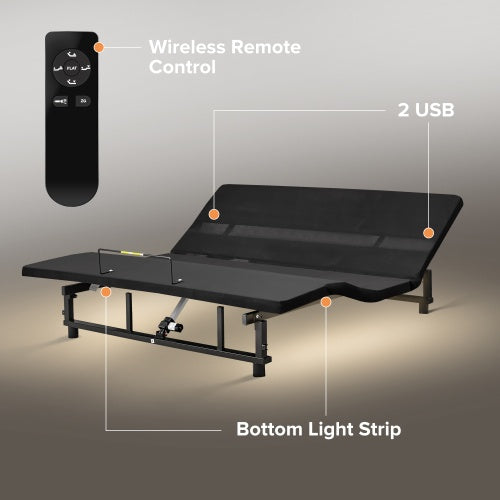 US Local Adjustable Bed Base Frame Queen Bed Frame With Head And Foot Incline Wireless Remote 4 Ports USB, Under-Bed Nightlights, Zero Gravity Quiet Motor Black Queen