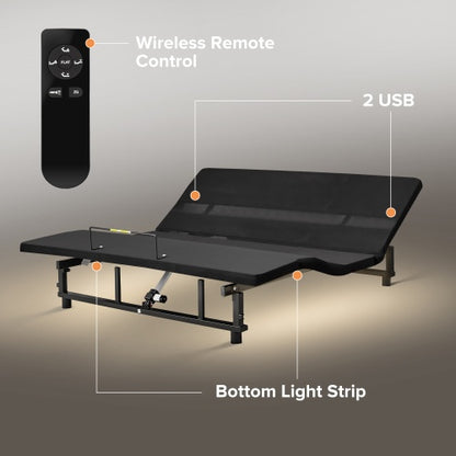 US Local Adjustable Bed Base Frame Queen Bed Frame With Head And Foot Incline Wireless Remote 4 Ports USB, Under-Bed Nightlights, Zero Gravity Quiet Motor Black Queen