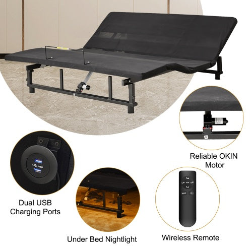 US Local Adjustable Bed Base Frame Queen Bed Frame With Head And Foot Incline Wireless Remote 4 Ports USB, Under-Bed Nightlights, Zero Gravity Quiet Motor Black Queen