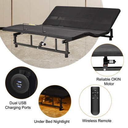 US Local Adjustable Bed Base Frame Queen Bed Frame With Head And Foot Incline Wireless Remote 4 Ports USB, Under-Bed Nightlights, Zero Gravity Quiet Motor Black Queen