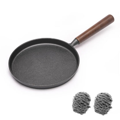 US Local WANGYUANJI Cast Iron Pizza Pan 7.9, Uncoated Pancake Skillet For Indoor And Outdoor, Non-Stick Skillet With Wooden Handle, Handmade Pancakes, Pizza, Fried Steak