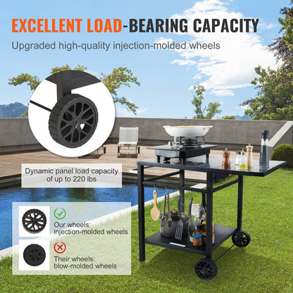 US Local Outdoor Grill Dining Cart With Double-Shelf, BBQ Movable Food Prep Table, Multifunctional Foldable Iron Table Top, Portable Modular Carts For Pizza Oven, Worktable With 2 Wheels, Carry Handle