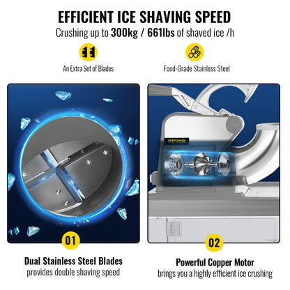 US Local VEVOR 110V Commercial Ice Crusher , ETL Approved 300W Electric Snow Cone Machine With Dual Blades, Stainless Steel Shaved Ice Machine With Safety