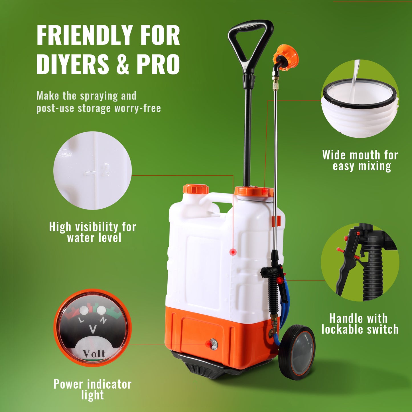 US Local VEVOR Battery Powered Backpack Sprayer With Cart, 0-94 PSI Adjustable Pressure, 4 Gallon Tank On Wheels, With 8 Nozzles And 2 Wands, 12V 7.2Ah Battery, Wide Mouth Lid For Weeding, Spraying, Cleaning