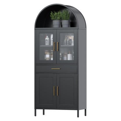 US Local 73 Inch Metal Tall Arched Display Cabinet, Metal Arched Bookshelf With Doors,Shelves,Drawers, Modern Freestanding Bookcase For Home Office Bar Living Room ,Black