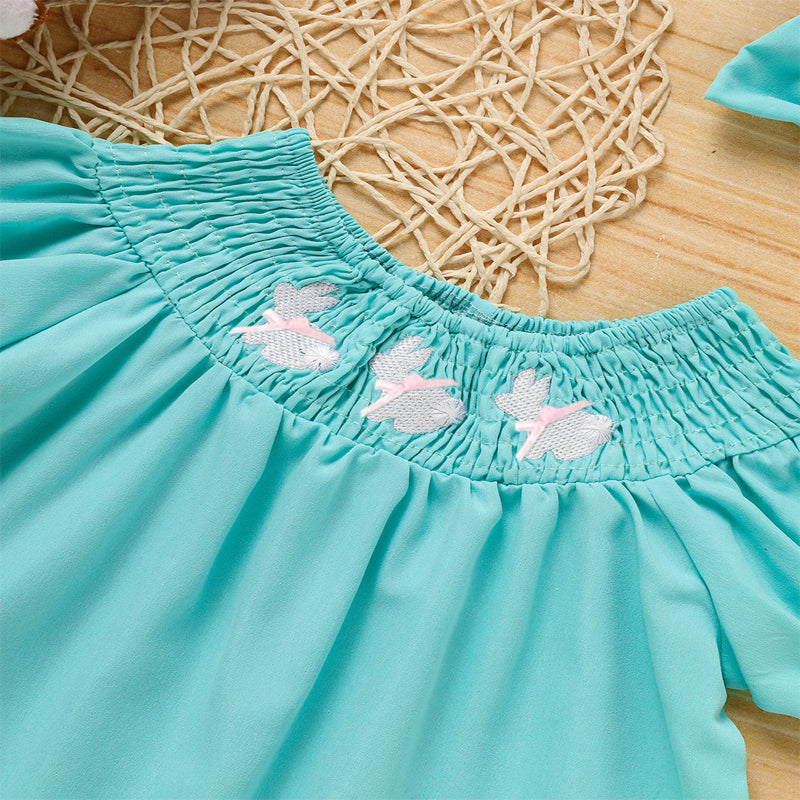 US Local Toddler Girl's Bunny Dress Bow Headband Ruffle Sleeve Smocked Dress With Rabbit Embroidery For Summer