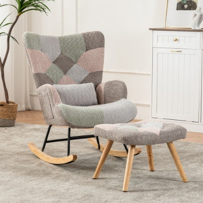 UK Local Rocking Chair, Fabric Relaxing Chair Wingback Accent Chair With Solid Wood Legs, Accent Armchair With Ottoman Single Sofa, Chair With Footstool And Pillow For Home Living Room Bedroom, Multicolour