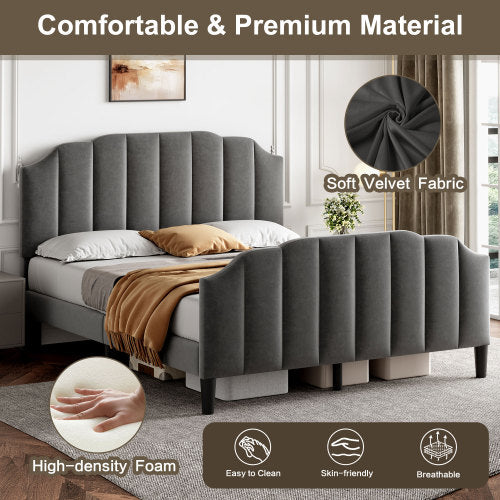 UK Local 4ft6 Double Upholstered Bed Frame With Adjustable Chic Channel-Tufted Headboard, Velvet Platform Bed Frame With Solid Wood Slat And Mute Foam, No Box Spring Needed, Easy Assembly, Grey No Mattress