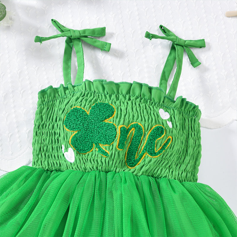 US Local Baby Girl's Clover Embroidered Dress & Headband Set, Sleeveless Ruffle Romper With Tulle Skirt