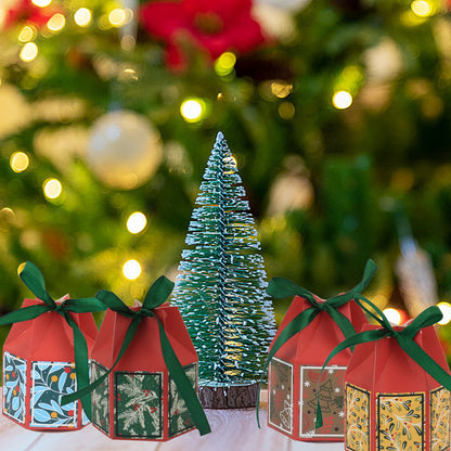 US Local 20PCS Christmas Treat Boxes With Ribbons Paper Christmas Tree Bells Pattern Goodie Box Retro Candy Bakery Box For Christmas Party Favors Wrapping Supplies